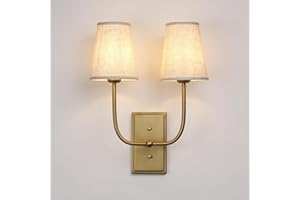 JIMUBEAM Vintage 2-Lights Wall Lights Sconces with Funnel Linen Fabric Shades, Double Head Bathroom Vanity Lights Fixture, Indoor Wall Lamps for Bedroom Living Room Hallway Stairway