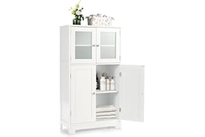 LIFEZEAL Mueble de Baño, Armario de Suelo con Estante Ajustable, Armario con Doble Puerta de Cristal, Mueble de Almacenaje de Madera para Cocina, 30x60x109 cm (Blanco)