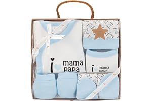 VARIOUSS Set Primera puesta de 5 Piezas I Love Mamá Papá, Algodón Orgánico e Hipoalergénico Topitos De 0 a 6 meses aprox (Azul)