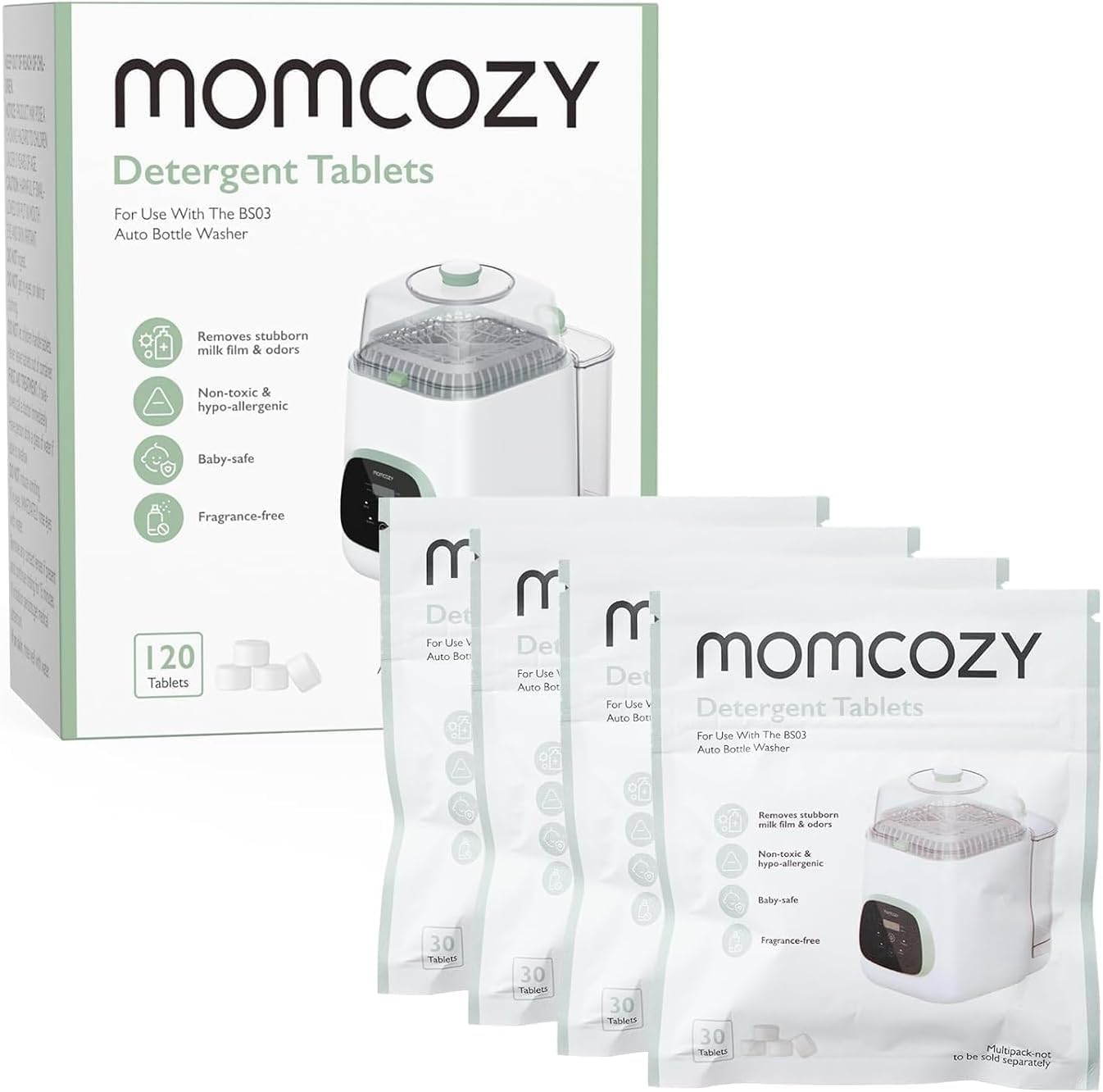 ​Momcozy Official Washing Block for KleanPal Pro Baby Bottle Washer, 120 Detergent Tablets for Cleaning Baby Bottles, Breast Pump Parts, Feeding Accessories, Rinse-Free, BPA-Free, Travel & Home Use