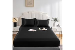 DuShow Fitted Sheet-Deep Pocket Satin Silky Bed Sheet,Breathable Soft and Comfortable-Wrinkle,Fade,Satin and Abrasion Resistant(Single,Black)