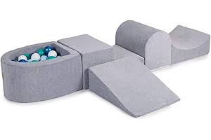 MEOWBABY Spielplatz Aus Schaumstoff mit Bällebad 200x45cm/100 Bälle Hindernisläufen für Kinder Baby Schaumspielset Hellgrau: Blaue Perle/Babyblau/Weiß/Türkis
