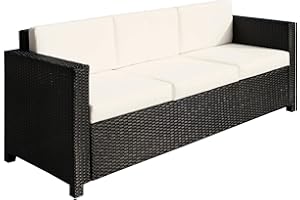 Outsunny 3 Seater Rattan Sofa with 10 cm Thick Padded Cushion, All-Weather PE Wicker Weave Garden Three-seater Bench with Armrests, Black