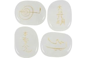 Amogeeli 4 Pièces Cristal Chakra Reiki Pierre Gravée Symboles de Guérison Cristal de Poche Guérie Pierre de Paume pour Yoga, Méditation