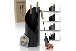 Heimfleiss® Kaminbesteck Schwarz Modern | Kaminzubehör mit Holzgriffen | Ofenbesteck Kaminbesteck Set | Hochwertiges Kaminset aus Schürhaken & Kehrset | Kaminofen Besteck | Kamingarnitur für Ofen