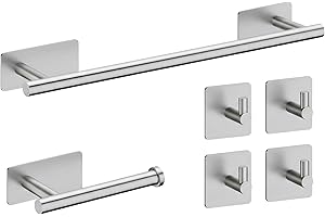 GENERICO Steel Soul - Set Accessori Bagno Argento Satinato Adesivi - Inox 304 - Porta Asciugamani, Porta rotolo,Ganci - Adesivo 3M VHB - Senza Fori - (6 Pezzi)