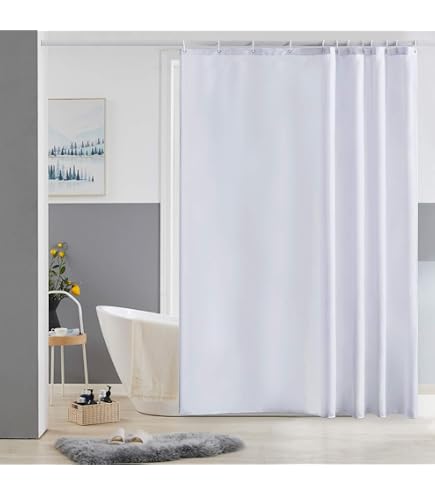 Rideau De Douche Extra Long 133x220 Cm - Tissu Polyester Imperméable Anti-moisissure - Blanc - Avec 12 Crochets - 14
