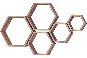 PHOENANCEE Set of 5, Hexagon Floating Shelves, Wooden Wall Mounted Hexagonal Shelf, Solid Wood Decorative Hanging Shelf for Bedoom, Living Room, Office, Home Decor(Carbonized Black)