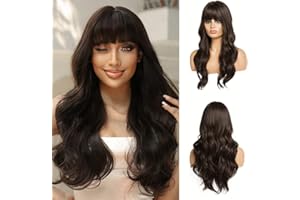 OUFEI 24" Pelucas Marrones con Flequillo Pelucas Largas Onduladas en Fibras Sintéticas Resistentes al Calor para Mujeres Uso Diario para Fiestas