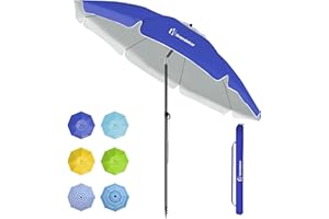 Grandekor Parasol de plage, parasol de jardin exterieur, UV50+, Ombrelle réglable en hauteur et inclinaison, Avec ancre de plage de 12cm, Pour plage, balcon & terrasse, 200cm, Bleu