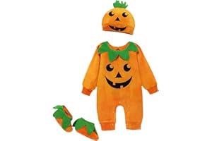 Dazzerake 3 Pcs Vestiti di Halloween Unisex Neonate Ragazzi Manica lunga Pagliaccetto Tuta Zucca Tuta Cappello Calzini Set 0-24M