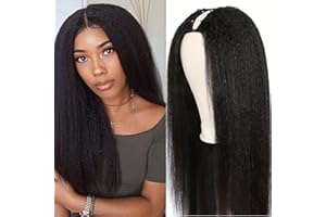 EMOL V Part Wig Yaki Human Hair Wigs For Women 150% Density Virgin Human Hair Kinky Straight Wig Less Leave Out Lace Front Wigs Full Head Clip In Half Wig Human Hair Natural Black 12 Inch