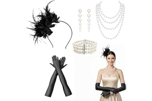 DqiUnaX 20er Jahre Kostüm Damen, Gatsby Accessoires Damen, 6-teiliges Set mit Perlenkette und Armband, 1920er Accessoires, Casino Outfit damen, Schwarz, 118 cm