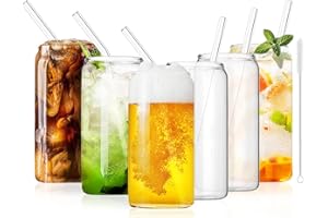 Lot de 6 verres à long drink, verres à bière YIAE 500 ml, verres à cocktail, verres à café glacé, verres à jus, verres à boire en forme de canette avec paille pour les familles, tasse cadeau