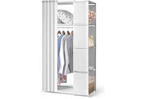 ‎LEADZM LEADZM Kleiderschrank offen mit Vorhang, Kleiderständer 5 Fächern freistehende Garderobe mit Kleiderstangen, Stoffablagen, Metallrahmen, 88 x 44 x 162 cm (Weiß, 88x44x162cm)