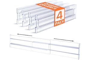 CUNSIEUN 4 Pack Drawer Dividers, 3.2" High Expandable from 12.2-21.7" Adjustable Drawer Organisers,Clear Plastic Drawers Separators for Clothing, Kitchen Utensils and Office Storage Cutlery Organisers (4)