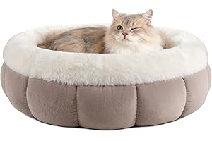 EDIMENS EDMIENS Small Cat bed, Round Cat Beds for Indoor Machine Washable, Kitten Bed Donut Fluffy Calming, Non Slip Reversible Cushion Pet Bed for Cats, Small Dog, Medium Puppy(45x45x16.5cm, Brown)