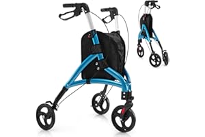 HOMFME Lightweight Folding Rollator Walkers, Aluminium Tri Walking Frame with Adjustable Handle, Storage Bag, Braking System, Foot Lift, 3 Wheel Medical Walking Aid for Elderly Disabled (Blue)