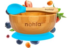 nohla ® - Bamboo Baby Weaning Suction Bowl and Spoon Set - Blue - 350ml Capacity - 100% Natural & Organic, BPA-Free Silicone - Toddler Mealtime Essentials
