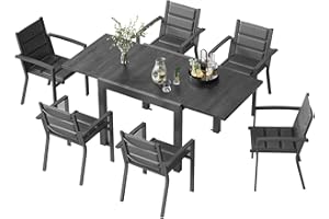 TRIUMPHKEY Salon de Jardin Extérieur 6 Personnes en Aluminium - Table Extensible (80-160 cm) & 6 Chaises Stapelables - Ensemble Terrasse et Jardin, Veinure de Bois foncée