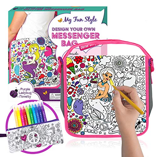 Purple Ladybug Novelty - Sac Bandoulière Fille à Décorer - Sac Enfant + Feutres Couleurs + Trousse Bonus - Amusant Set Bricolage - Idéal à l'Ecole ou Pochette Voyage - Cadeau Unique Fille