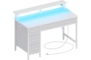 Seventable Bureau Gaming 100 cm avec LED RGB, Prises & Ports USB, Support Écran — Bureau avec Rangement et 5 Tiroirs en Tissu, Bureau Informatique pour Chambre ou Télétravail – Blanc