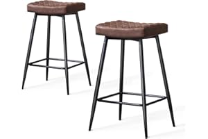 AINPECCA Bar Stools Set of 2 PU Brown Barstools with Black Metal Legs Kitchen Island Stools, High Bar Chairs for Island Counter, Pub, Bistro