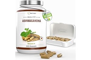 BIOTARY Ashwagandha Lot de 365 gélules | Portion quotidienne de 3000 mg | Boîte à pilules incluse | Baie endormie indienne | Hautement dosé | Végétalien | Pur végétal sans additifs