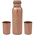 KHC 100% Pure Copper Water Bottle Handcrafted | 34 Oz 1 Litter Copper Water Vessel - Drink More Water Bottle in many Patterns– Large -Leak Proof (Hammered Polish Combo Copper Bottle)