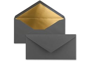 ‎NEUSER PAPIER 15 Brief-Umschläge DIN Lang - Anthrazit-Grau mit Gold-Metallic Innen-Futter - 110 x 220 mm - Nassklebung - festliche Kuverts für Einladungen