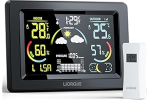 LIORQUE Stazione Meteo con Sensore Esterno, Display a colori LCD VA, Stazione Meteo con Sveglia, Fase Lunare, Previsioni Meteo, Data,Retroilluminazione Regolabile, Igrometro