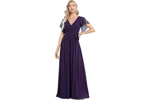 Ever-Pretty Robe pour Mariage Invité Longue Femme Col V Mousseline A Line Manches Courtes Plissé Chic EE0164A