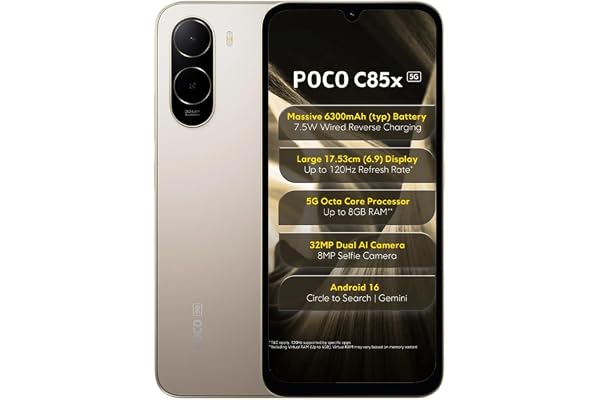 POCO C85x 5G Smartphone, Sunset Gold, 6.9 Inch Display, 32MP Dual AI Camera, 6300mAh Battery, 64GB Storage