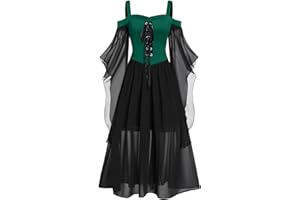 FUNALOE Halloween Costumes Sales Women's Plus Size Vintage Goth Halloween Dress Corset Medieval Dress Cold Shoulder Butterfly Sleeve Lace Up Dress Prom Cocktail Renaissance Clothes Witch Fancy Dress