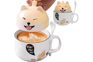 MEYUXG Filiżanka do kawy Shiba Inu, duży kubek do kawy, kubek z pokrywką i łyżeczką, spersonalizowany kubek do kawy na Boże Narodzenie, prezent urodzinowy, nadaje się do mleka, kawy, soków owocowych