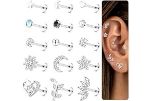 MILACOLATO 16G Cartilagine Orecchini per Donna Argento, Acciaio Chirurgico Piccolo Opale Stella Perla Posteriore Piatta Trago Orecchino Perni, CZ Fiore Labret Labbro Lobo Naso Piercing Gioielli 15Pcs