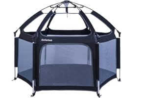 CutieClub przenośny kojec do zabawy z materacem bezpieczeństwa dla niemowląt i niemowląt, najlepszy 6-panelowy dziecięcy kojec z baldachimem anty-UV do użytku wewnątrz i na zewnątrz (czarny)