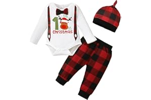 LUVCES Ensemble Tenues Bébé Garçon de Noël Barboteuse Mignonne du Père Noël + Pantalon à Carreaux Rouges + Chapeau 3 Pièces Vêtements de Noël