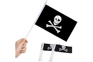Anley Bandiera Pirate Stick, Jolly Roger 5x8 Pollici (12 X 20 cm) Mini Bandiera Portatile con Asta Solida Bianca da 12 "- Colore vivido e Resistente allo sbiadimento - 5 x 8 Pollici Bandierine