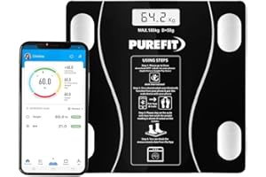 PUREFIT Digital Body Fat Scale Smart App Controlled With 13 Key Body Compositions Measurement Weight BMI Water Muscle Mass Weighing Scale Backlit LED Display High Precision 180KG Max Battery Included