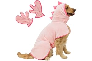 Pawyee Super Soft Fast-Drying Dog Towel Set for Cold Weather, Beach, Pool - Adjustable Microfiber Bath Robe with Drying Gloves for Cats and Dogs (Large, Pink Dino)