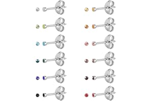 JMFENFA Juego de 12 pares de aretes de tuerca, acero inoxidable quirúrgico chapado en oro, piedra natal multicolor, circonita cúbica, aretes de tuerca para pistolas de perforación de oreja