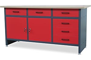 JAN NOWAK Stół warsztatowy z blatem roboczym Stół roboczy z 6 szufladami 2 schowki Regulowane nóżki Blat roboczy z płyty MDF Obciążenie do 500 kg Metal 170 cm x 60 cm x 85 cm (Antracytowo-Czerwony)