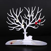 SUNNYCLUE Deer Antler Jewelry Tree Organizer - White Display Stand For Earrings, Necklaces, Bracelets With Storage Tray