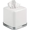 iDesign York Facial Tissue Box Cover for Bathroom and Vanity Countertops, 5.75" x 5.75" x 5.5", Chrome and White