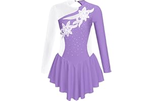 dPois Robe de Patinage Artistique Enfant Fille Robe de Danse Classique Manches Longues Paillettes Brillants Strass Justaucorps Gymnastique Gym Ballet 4-16 Ans