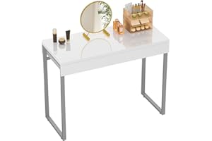 GreenForest Dressing Table with 2 Drawers Glossy White 100 x 40 cm Home Office Computer Desk Makeup Vanity Console Table with Metal Silver Legs for Small Spaces Bedroom Furniture No Mirror,Silver