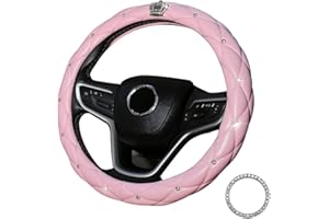 Coofig Funda Volante Universal Brillante de Cuero Con Bling Rhinestones - Protector Antideslizante Para Coche 37-38cm - Accesorios Interior (Rosa)