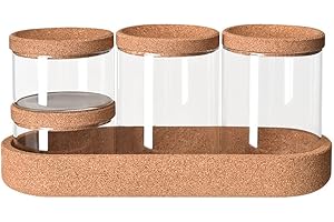 HNIUYUN Bathroom Storage Organizer, 4 Pack Apothecary Glass Jars with Lids, for Cotton Swabs, Cotton Pads, Bath Salts, Makeup Sponges, and Hair Accessories(Glass&Tray)