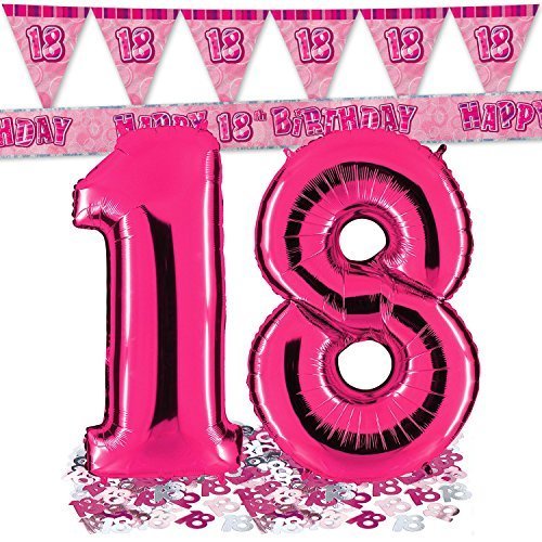 Ballon Zahl 18 in Pink + passende 18er Raumdeko Banner und Wimpelkette + Metallic Konfetti - XXL Riesenzahl 100cm - zum 18. Geburtstag - Party Geschenk Dekoration Folienballon Luftballon Happy Birthday Achtzehn Rosa
